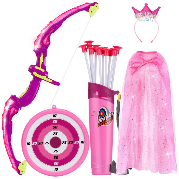 Bow and Arrow for Kids, LED Light Up Archery Set with Princess Cape and Crown, Outdoor Toy for Girls Aged 3-8 with 10 Suction Cup Arrows, Target & Quivers, Birthday Gifts Toys for 4 5 6 7 8 Year Old
