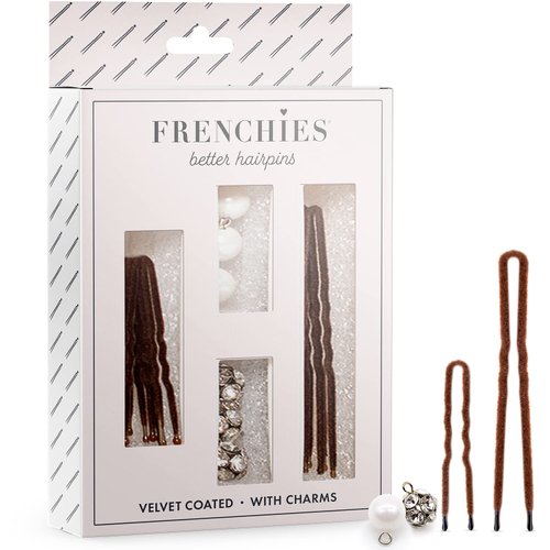 Frenchies Velvet Coated Extra Soft French Twist Hair Pins with 6 Pearls, 6 Crystals, French Hair Pins for Buns, Wedding Updo Hairstyles, Hair Extensions + Wigs, 20 Count (10Lrg, 10Small), Brown