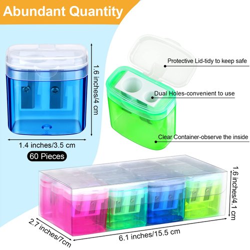 Aodaer 60 Pieces Pencil Sharpeners Manual Double Hole Pencil Sharpener for Kids Dual Hole Pencil Sharpener for School Office Home, Assorted 4 Colors