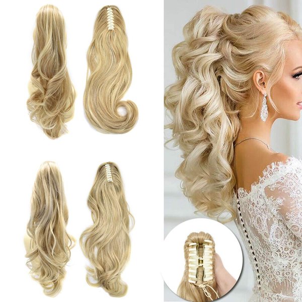 LYRICAL HAIR Synthetic Claw Ponytail Hairpieces For White Women 22" Long Curly Messy Wavy Jaw Clip In Pony Tail Hair Extension (234/613# Sandy Brown & Light Bleach Blonde)