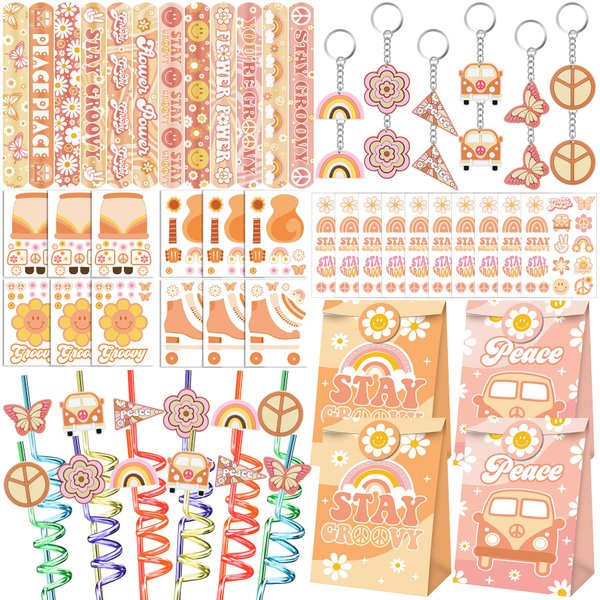 Groovy Party Favors 72 PCS Retro Boho Slap Bracelets DIY Stickers Temporary Tattoos Keychains Plastic Straws Gift Bags for Retro 60s 70s Boho Themed Birthday Party Baby Shower Classroom Rewards