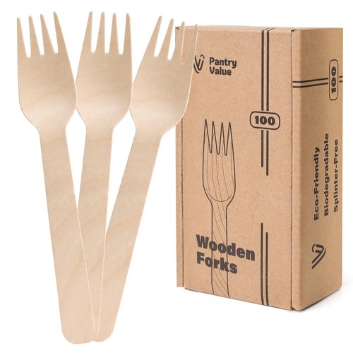 Pantry Value [100 Count] Wooden Disposable Forks, Splinter-free Biodegradable Forks, Eco-friendly, Compostable Utensils for Outdoors, Parties, and events