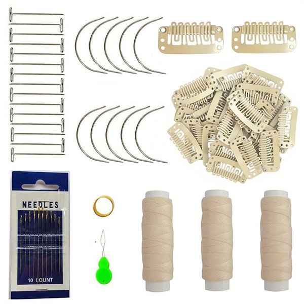 70PCS Kit U-Shape Snap Clips for Hair Extensions 6 Teeth Metal Wig Clips Blonde Hair Weave Thread Needle Kit with Curved Needles T Pins Needle Threader Thimble,Beige