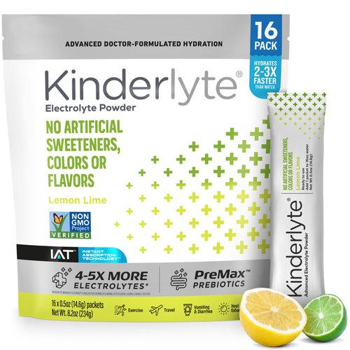 Kinderlyte Electrolyte Powder, Advanced Hydration, Easy Open Packets, Supplement Drink Mix (Lemon Lime, 16 Count)