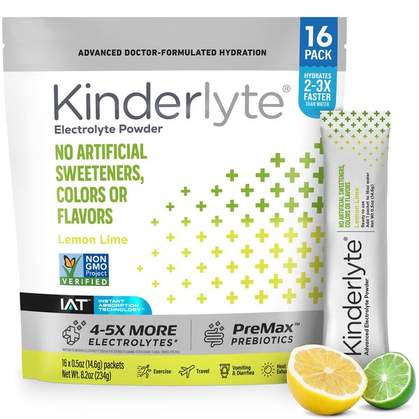 Kinderlyte Electrolyte Powder, Advanced Hydration, Easy Open Packets, Supplement Drink Mix (Lemon Lime, 16 Count)