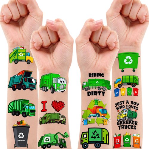 111 PCS Garbage Truck Trash Temporary Tattoos Themed Birthday Party Supplies Decorations Favors Decor Cute Waste Management Recycling Tattoo Stickers Gifts For Kids Boys Girls Class Prizes Carnival
