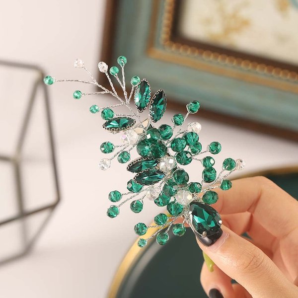 Casdre Crystal Bride Wedding Hair Clips Silver Rhinestone Bridal Hair Accessories Hair Piece for Women and Girls (D Green)