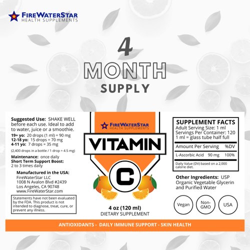 Liquid Vitamin C Drops - VIT C - 99% Pure Ascorbic Acid - for Adults and Kids - Organic, Non-GMO, Vegan - Bioactive Vitamin C Liquid Supplement - Skin Health, Immune Support, Antioxidants - 4oz
