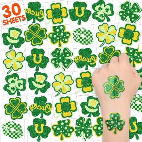 30 Pcs St. Patrick's Day Tattoos, St Patricks Day Stickers, St. Patricks Day Accessories, Saint Patricks Day Glitter Irish Leaf Shamrock Temporary Tattoo Sticker for Body Face, Party Favors Decoration