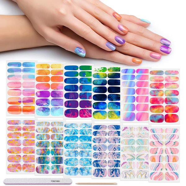 DANNEASY 12 Sheets Nail Wraps for Women Nail Polish Strips Color Blending Self Adhesive Nail Sticker Polish Fingernail Manicure Stickers with Nail File, Cuticle Stick (Rainbow Style)