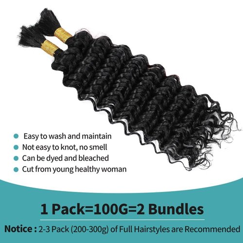 Human Braiding Hair 16 Inch Deep Wave Bulk Human Hair for Braiding No Weft 2 Bundles 100g Curly Human Hair for Boho Braids 100% Unprocessed Brazilian Virgin Hair for Human Hair Extensions