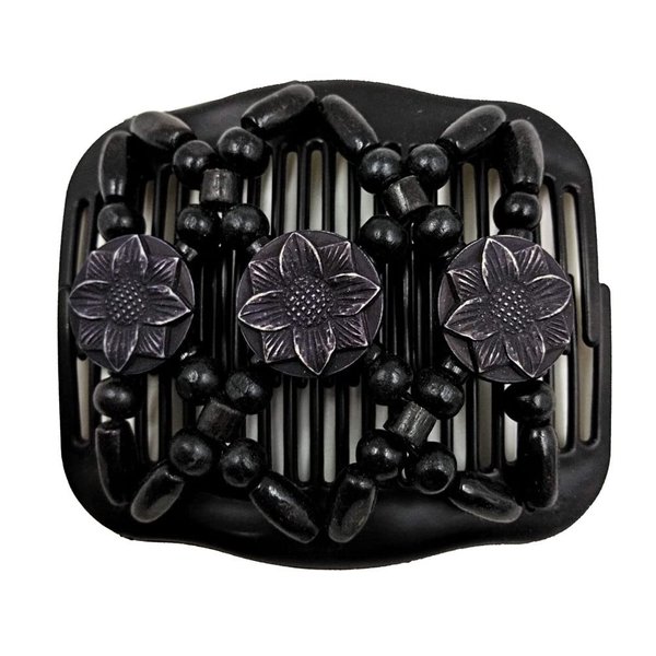 LOVEF Women Magic Hair Combs Wood Beaded Stretch Double Side Combs Clips Bun Maker Hair Accessories (Round Black)
