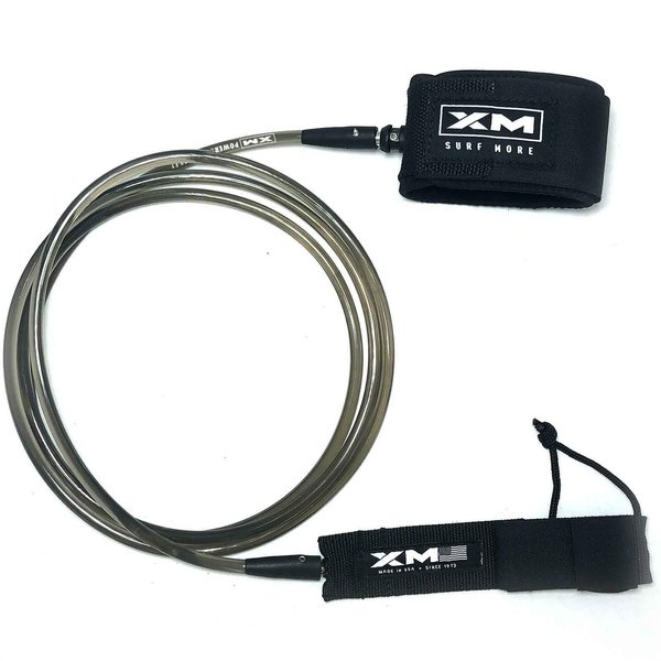 XM SURF MORE Premium Surfboard Leash, 9ft, Made in USA, Big Wave Cord Thickness (0.313in), Key Pocket, Unbreakable Swivels, Detachable Railsaver, Smoke Leash, Black Strap, Kink-Free [3 Year Warranty]
