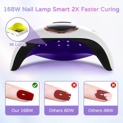 Lyrzzey UV LED Nail Lamp 168W UV Light for Nails with 4 Timer Settings and LCD Touch Display Screen Auto Sensor Quick Drying Nail Dryer with All Gel Types (White)