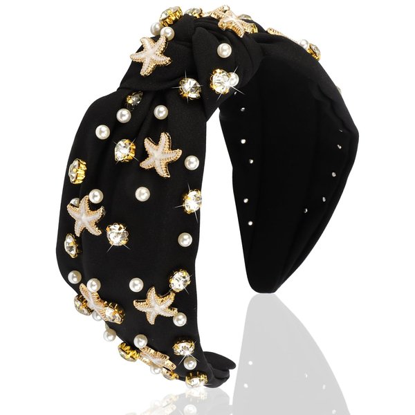 Atoden Black Headband Knotted Pearl Headband with Rhinestone Girls Womens Headbands Wide Top Knot Headbands Beaded Headband Crystal Jeweled Head Bands for Women's Hair Embellished Headbands (Starfish)