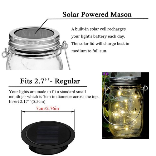 6 Pack Mason Jar Lights, 10 LED Solar Warm White Fairy String Lights Lids Insert for Garden Deck Patio Party Wedding Christmas Decorative Lighting Fit for Regular Mouth Jars