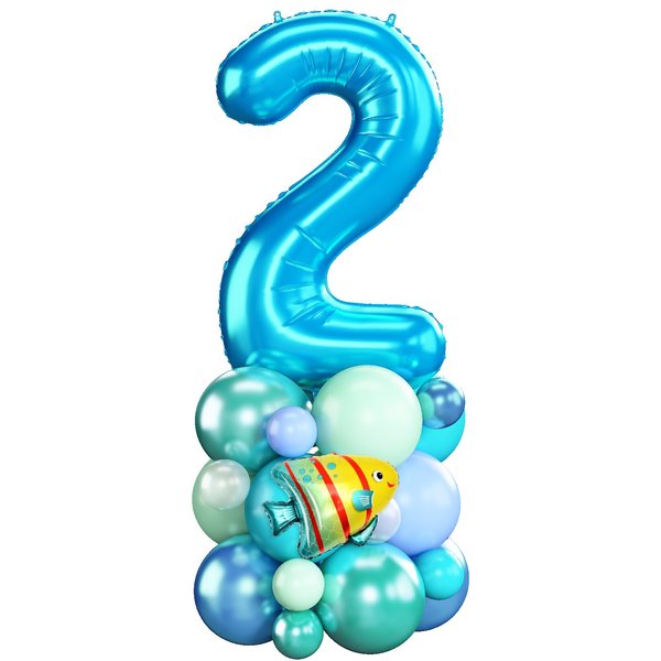Blue Number 2 Balloon 40 Inch Ocean Under the Sea Number Two Foil Balloons Tower with Shark Bubble Fish for Boys Second 2nd Birthday Party Decor Green Underwater Digital Aluminum Mylar Balloons Stack