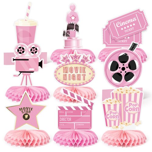 HoiSumma 9 Pcs Pink Movie Night Party Decorations Honeycomb Centerpieces Cute Popcorn Cinema Ticket Theater Film Themed 3D Table Topper Decor for Birthday Party Supplies Family Gatherings Baby Shower