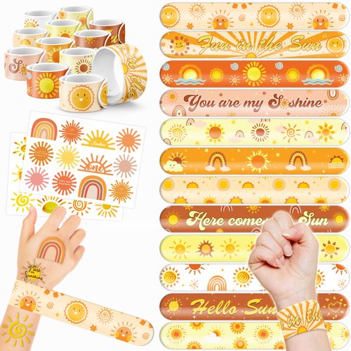 Cherisnowy 48 PCS Sun Boho Party Favors 24PCS Tattoos 24PCS Slap Bracelets Wristbands Perfect for Sunshine Themed Birthday Baby Showers or Classroom Rewards Ideal Decor and Gifts for Girls and Boys