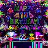 Neon Birthday Party Decorations Neon Happy 13th Birthday Banner Backdrop Glow in The Dark Party Decorations with UV Black Light Reactive for Let Glow Neon Birthday Blacklight Halloween Party Supplies