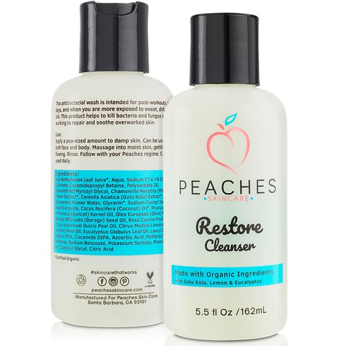 Peaches Skin Care Face Cleanser (5.5 oz) - Post-Workout Face Wash - Vegan Facial Cleanser - Enriched with Gotu Kola, Lemongrass and Eucalyptus
