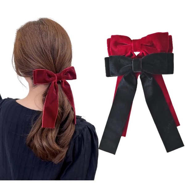 2Pcs Black And Red Velvet Hair Bow Hair Ties Bows For Women Clip Velvet Hair Ribbon Headband With Bow Silk Hair Bow Cute Bridal Bow Toddler Girl Hair Clips Baby Teen Girl Hair Styling Accessories