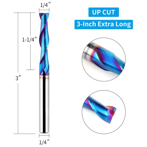 EANOSIC Upcut Spiral Router Bit 1/4 inch Shank, 1/4 inch Cutting Diameter, Extra Long 3 inch Solid Carbide with Nano Blue Coating CNC Router Bits End Mill for Wood Cut, Carving