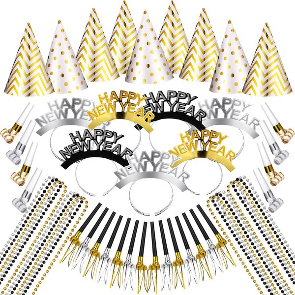120 Pcs New Year's Eve Party Supplies for Guest Include Cone Hats Glitter Tiaras Beaded Necklace Tassel Squawkers Curled Squawkers (Geometric)