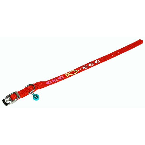 Hamilton Safety Cat Collar with Bell and Cat Fish Paw Design, 3/8 by 14-Inch, Red Nylon