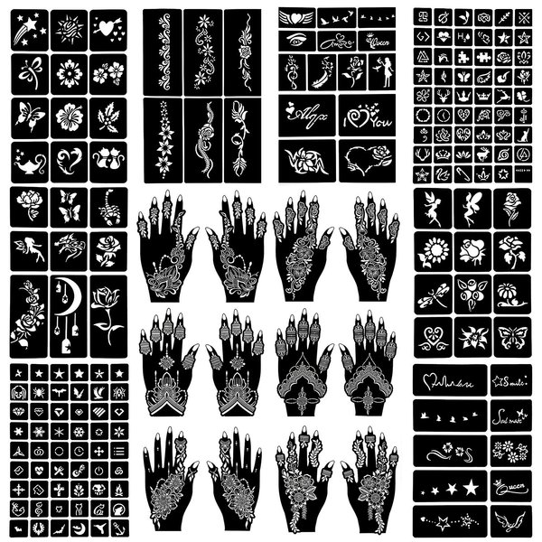 QSTOHENA Henna Tattoo Stencil Kit 171pcs, 20 Sheets Reusable Henna Stencils for Hands Indian Arabian Temporary Glitter Airbrush Tattoo Stencils for Face Body Paint DIY