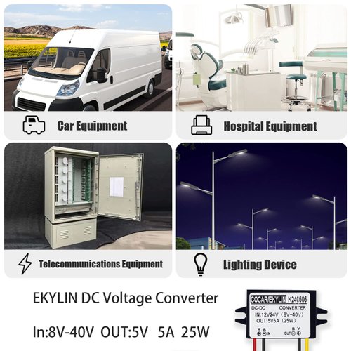 DC 12v 24v to 5v Step Down Converter Regulator 5A 25W Power Adapter Reducer for Car Electronics Truck Vehicle Boat Solar System (Accept DC 8-40V Inputs)
