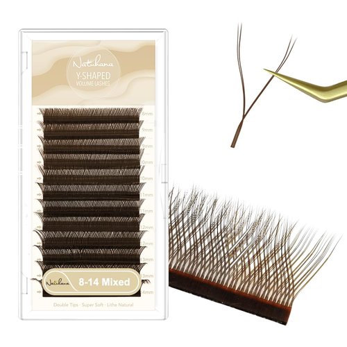NATUHANA YY Eyelash Extension 0.07mm D Curl 8-14mm Mixed Makeup Tray Lash Supplies Premade Fans Y Shape Volume Lash 12Raws/Case Premium Faux Mink False Lash Extensions (8-14 MIX, brown;0.07 D)