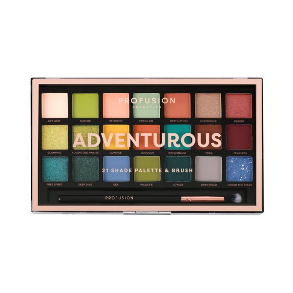 Profusion Cosmetics Adventurous 21 Shade Eyeshadow Palette & Brush - Earthy Tones, Rich Pigments, Blendable Colors
