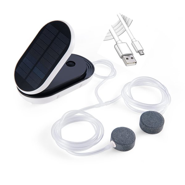 Lewisia Solar Air Pump + USB Charging Fish Aerator Bubble Oxygenator Aquaponics Fish Tank Koi Pond Aquarium Pool Aeration Sea Fishing Aquaculture Hydroponics Bubbleponics