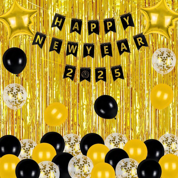 New Years Eve Party Supplies 2025, 2025 New Year Balloons Decorations with Gold Curtains Happy New Year Banner for New Years Decorations 2025