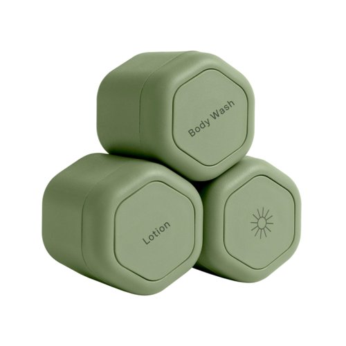 Cadence Travel Containers - Body Care Capsule Set - Magnetic Travel Capsules - For Body Wash, Lotions, Sunscreens - 3 Flex Mediums (1.32oz) with Body Wash, Lotion, & Sun Icon Labels - Eucalyptus