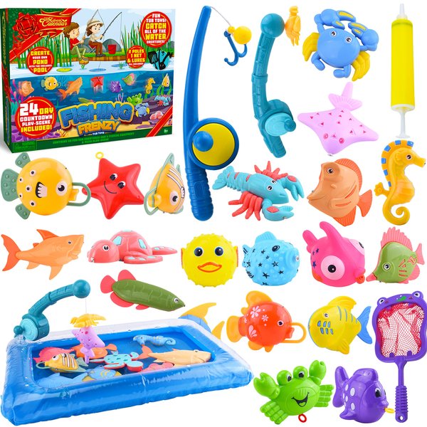 JOYIN 2023 Christmas 24 Days Countdown Advent Calendar with Fishing Toys Bath Game for Kids Toddlers, Magnetic Fishing Game Toy with Fishing Pole and Inflatable Pool Water Play Toy