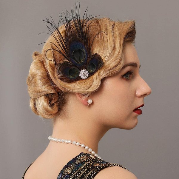 GORTIN 1920s Flapper Feather Hair Clip Great Gatsby Feather Headband Black Peacock Feather Headpiece Rhiestone Head Band Art Deco Headwear Party Prom Flapper Hair Accessories For Women and Girls