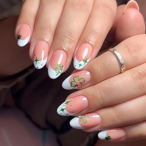 St. Patrick's Day Press on Nails with Green Lucky Clover Designs Medium Fake Nails White French Tip Acrylic False Nails Almond Shape Glue on Nails Cute Star Stick on Nails for Women Manicure, 24Pcs