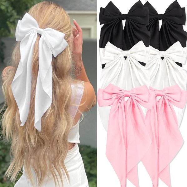 FULZTEY Hair Bows for Women Pink Silky Satin Bow Hair Clips with Long Tail Hair Ribbon Layered Bowknot Hair Styling Accessories for Girls Teen 6 Pack