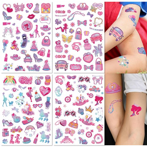 Waterproof Temporary Tattoos - 143pcs Groovy Fake Tattoo for Girls Birthday Party Favors, Princess Rainbow Shoes Power DIY Arts and Crafts Home Activity for Kids 6 7 8 9 10 11 12 years old