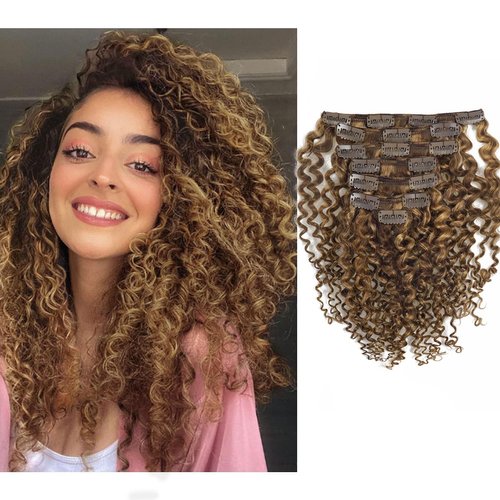 Loxxy Clip in Human Hair Extensions for Fashion Black Women #P4/27 14inch Jerry Curly Real Remy Clip in Hair Extensions Double Weft 120g/set 7Pcs/lot And 17 Clips Per Pack