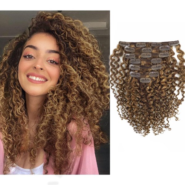 Loxxy Clip in Human Hair Extensions for Fashion Black Women #P4/27 14inch Jerry Curly Real Remy Clip in Hair Extensions Double Weft 120g/set 7Pcs/lot And 17 Clips Per Pack