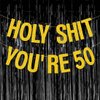 Yasmart Life 50th Birthday Decorations Banner for Women Men Pre-Strung Gold Glitter Birthday Party Decor Sign Funny 50th Bday Party Supplies Holy Shit You're 50 Birthday Banner Party Decoration