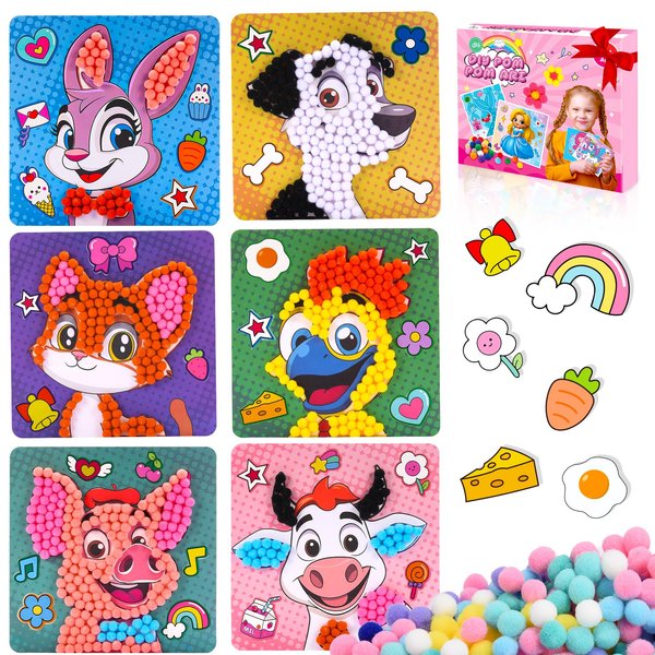 Girls Gifts Pom Pom Crafts 6PCS 7.9-Inch, Pom Pom Art Kit & Crafts for Kids Ages 2-4 4-8 6-8, Toddler Crafts Kits Art Projects, DIY School Supplies Kit, Birthday Christmas Gifts (Animal Farm Set)