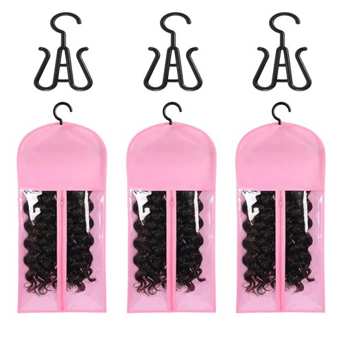 3PCS wig Hanger Hair Extension Holder Wig Storage for Multiple Wigs Bags Storage with Hanger Wig Holder Dust-proof Hair Extension Storage with Hook hair extensions, wigs & accessories (Pink)