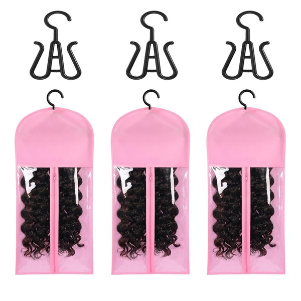 3PCS wig Hanger Hair Extension Holder Wig Storage for Multiple Wigs Bags Storage with Hanger Wig Holder Dust-proof Hair Extension Storage with Hook hair extensions, wigs & accessories (Pink)