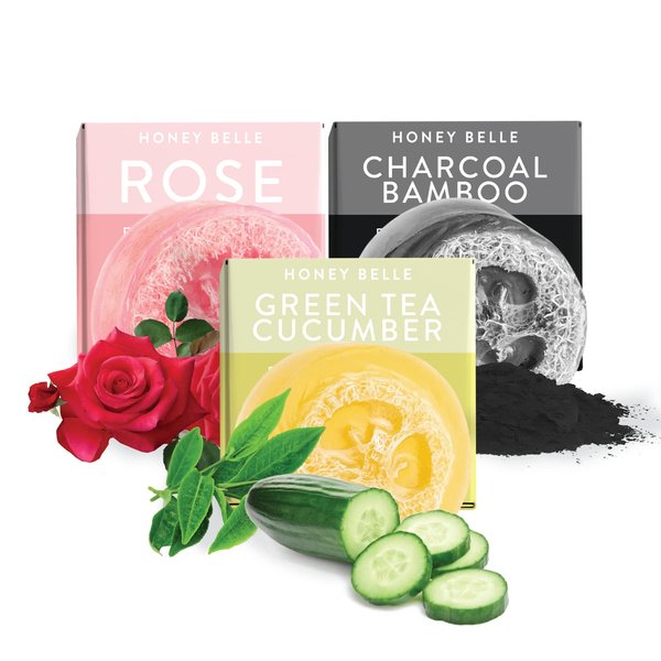 Honey Belle Natural Loofah Soap Bar 3-Pack | Exfoliating Soap with Loofah Inside | Eco-Friendly, Natural Soap with Loofah Built in | Rose, Charcoal Bamboo & Green Tea Cucumber