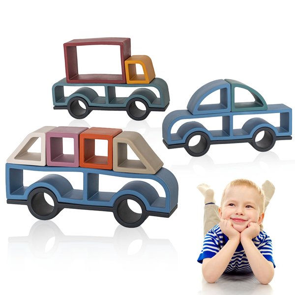 Stick It Montessori Food Grade Silicone Stacking Vehicles, 14 Pcs Toddler Baby Building Blocks Teether Educational Open Ended Shapes STEM Toy, 18+ Months (Set of 3 (Truck, Van, Car))