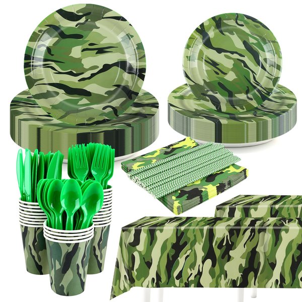 194 Pcs Camo Party Supplies, Army Party Decorations Plates and Napkins, Hunting Army Military Theme Birthday Decorations Dinnerware for Men Women, Serves 24